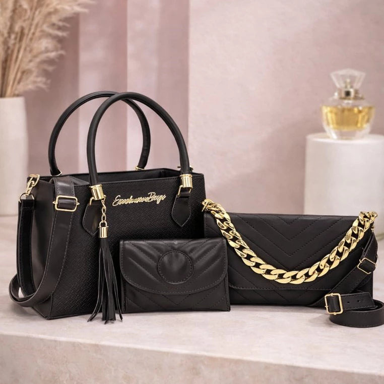 Kit Bolsa Feminina Luxo 3 Peças com Corrente Dourada